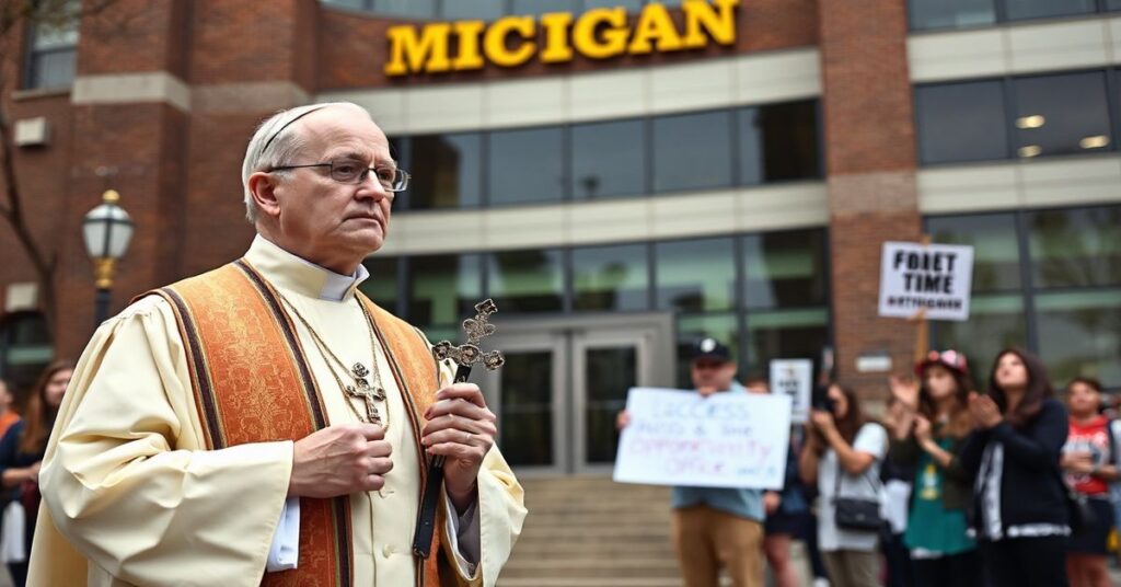 Ksiądz w tradycyjnych habitach przed Uniwersytetem Michigan trzymający krzyż przed budynkiem biura inicjatyw DEI.