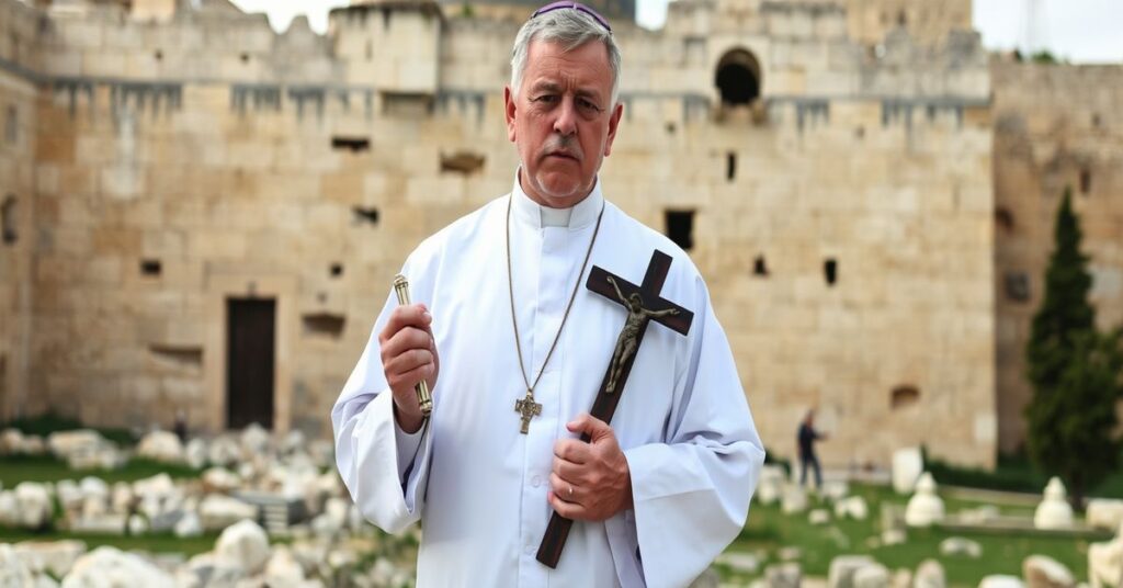 Ksiądz katolicki w tradycyjnym sutannie stoi przed ruinami Świątyni Jerozolimskiej z krzyżem w ręku