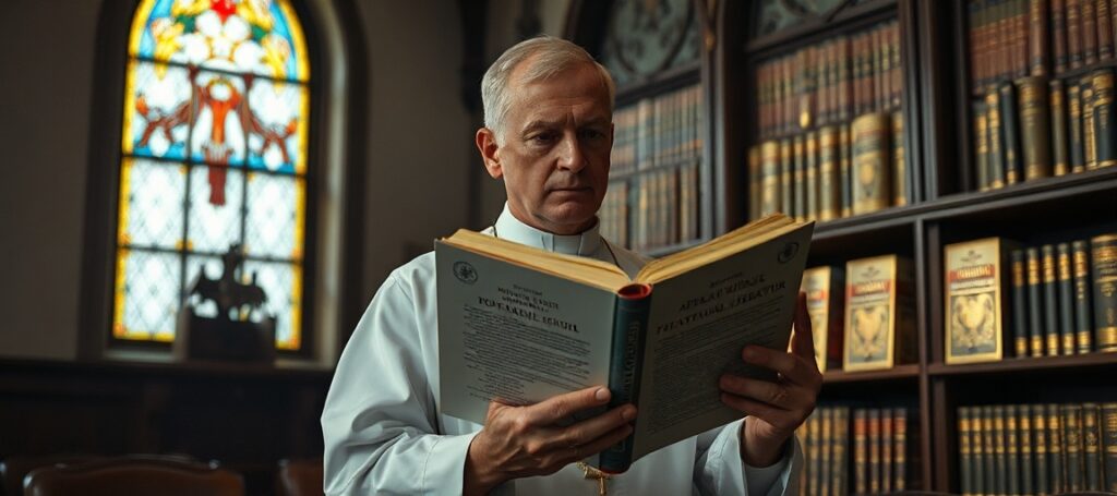 Ksiądz stojący w tradycyjnym kościele z książką polskiej fantastyki w ręku