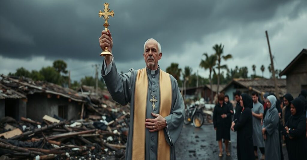 Katolicki ksiądz w tradycyjnym ornaty trzyma monstrancję z Najświętszym Sakramentem w zniszczonej wsi na Wyspach Kanaryjskich podczas powodzi