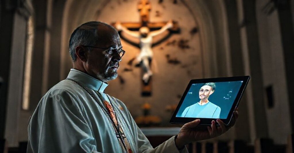 Ksiądz w tradycyjnych ornatach stojący w opuszczonej kościele z uszkodzonym krzyżem przed cyfrowym asystentem AI