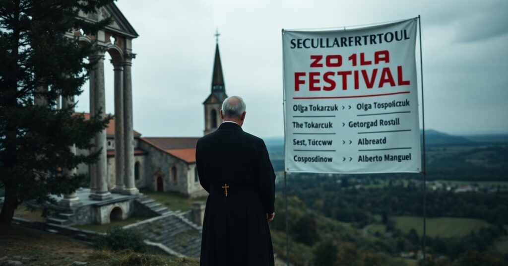 Ksiądz katolicki patrzący z żalem na świecki festiwal Góry Literatury 2026 na ziemi kłodzkiej, symbolizujący apostazję i brak Chrystusa w kulturze