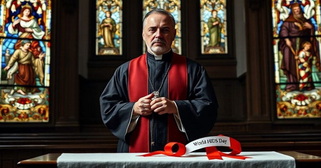 Ksiądz w tradycyjnym stroju kapłańskim modli się w cichym kościele, refleksji nad moralnym kryzysem pandemii AIDS