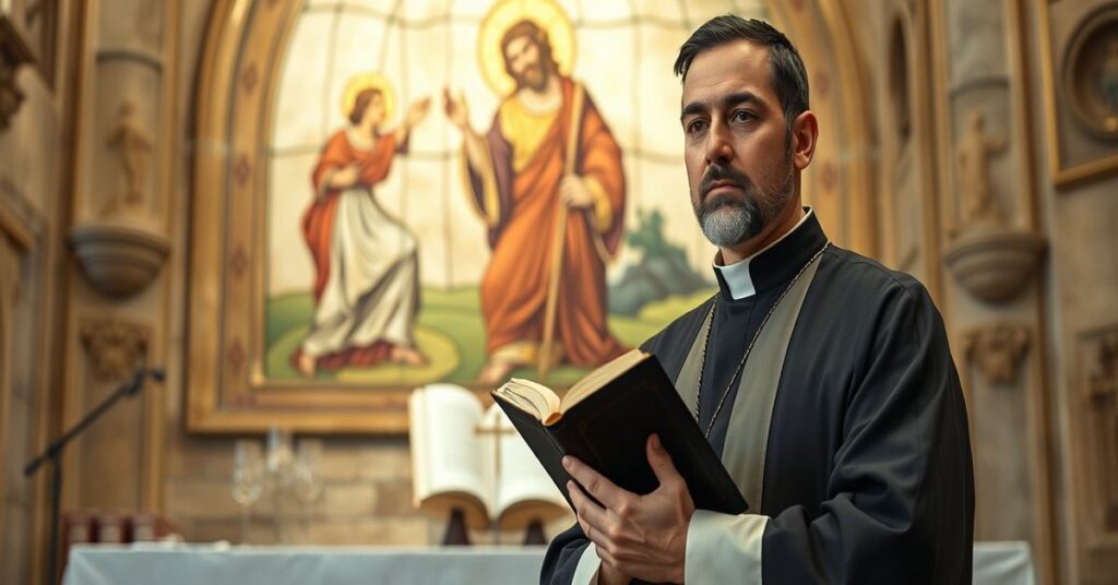 Ksiądz w tradycyjnym ornaty stoi przed starożytnym ołtarzem, trzymając Biblię, z tłem freski przedstawiającej Jezusa nauczającego. Scena podkreśla niezmienność Prawa Bożego.