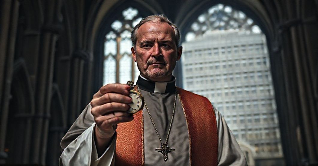 Ksiądz w tradycyjnych szatach kościelnych trzyma stary zegarek w gotyckim kościele, symbolizując świętość czasu jako dar Boży