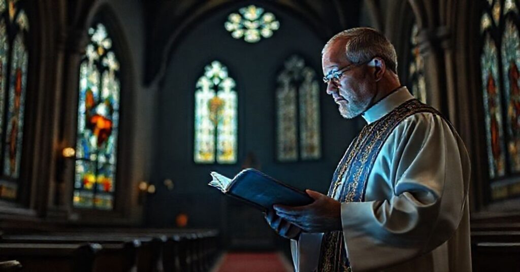 Ksiądz w tradycyjnych szatach kościelnych stoi w starożytnym prezbiterium z witrażami, trzymając rękopis i patrzyąc z nieufnością na ekran komputera z AI.