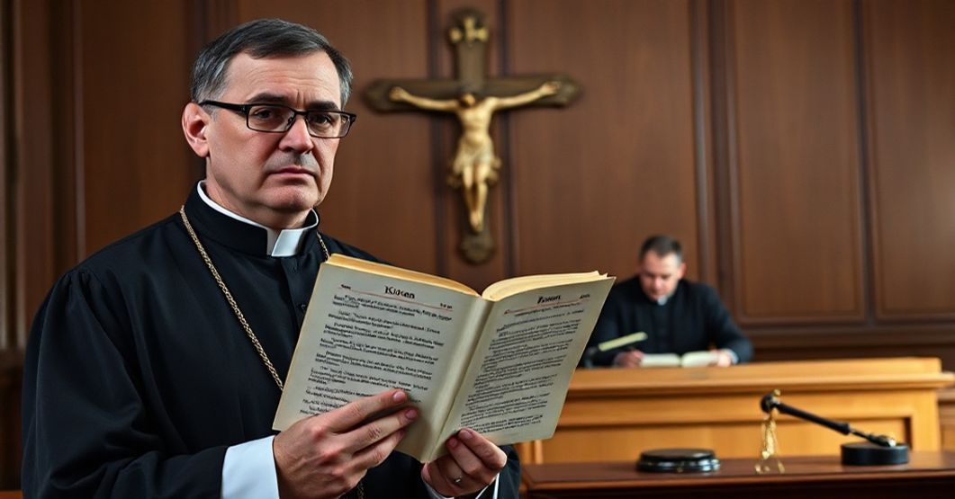 Ksiądz w tradycyjnym habitach stoi przed sądem hiszpańskim, trzymając Koran z podkreśloną surą. Scena pełna powagi i protestu przeciwko nowoczesnej inkwizycji.