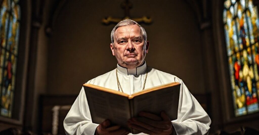 Ksiądz w klasycznej sutannie stoi w ciemnym kościele z Biblią, symbolizując obowiązek głośenia prawdy mimo prześladowań