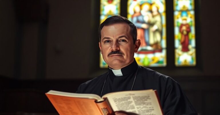 Poważny tradycyjny ksiądz katolicki trzymający Biblię w ciemnym kościele z witrażem Trójcy Świętej.
