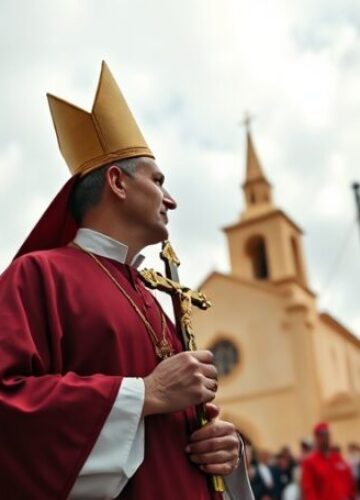 Obrona wiary katolickiej na Malcie w obliczu islamizacji Ksiądz Jesrit Angela Camilleri stoi przed kościołem na Malcie z krzyżem w ręku, patrzący w kierunku minaretu - symbolizuje konflikt między wiarą katolicką a ekspansją islamu.