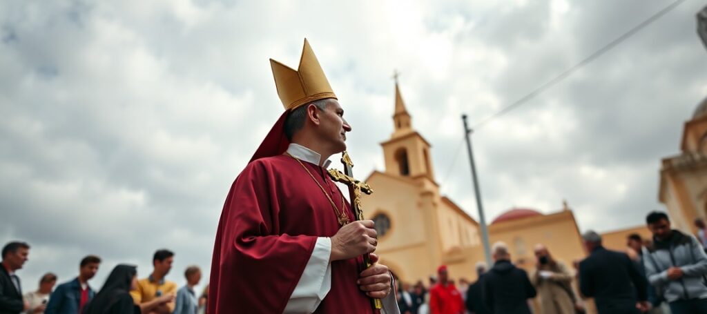 Ksiądz Jesrit Angela Camilleri stoi przed kościołem na Malcie z krzyżem w ręku, patrzący w kierunku minaretu - symbolizuje konflikt między wiarą katolicką a ekspansją islamu.