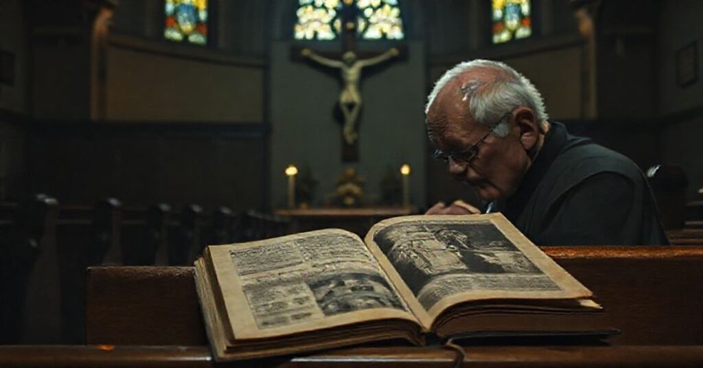 Stary ksiądz modlący się przed krzyżem w ciemnym kościele z książką Lászla Krasznahorkaiego leżącą na ławce