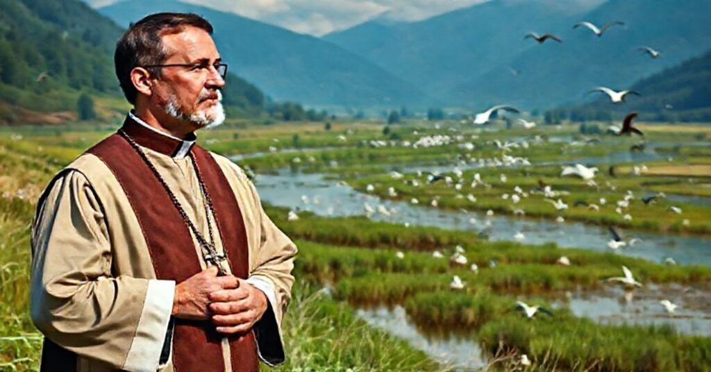 Ksiądz w tradycyjnym stroju liturgicznym w Dolinie Dolnej Odry, otoczony wilgotnymi łąkami i ptactwem. Wyraz twarzy wyraża troskę o Boże stworzenie.