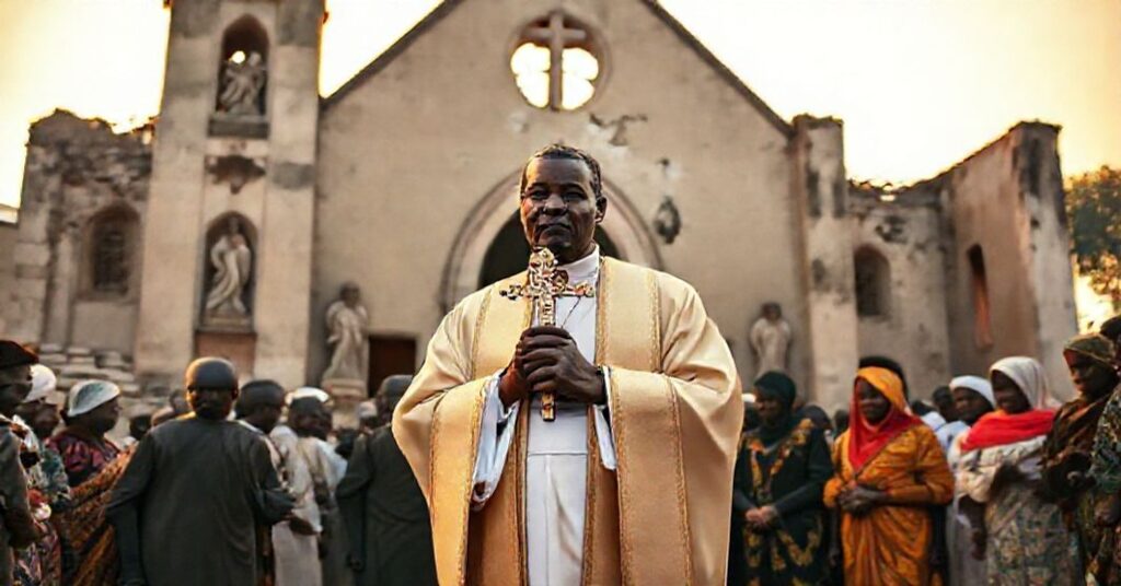 Tradycyjny katolicki ksiądz w pełnym stroju liturgicznym stoi przed zniszczonym kościołem w Nigerii, otoczony smutnymi wiernymi. Ksiądz trzyma krzyż, jego twarz wyraża pewność i smutek.