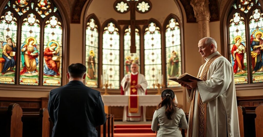 Sobór katolicki z rodziną modlącą się przed ołtarzem podczas kazania księdza na temat świętości rodziny i prawa Bożego.