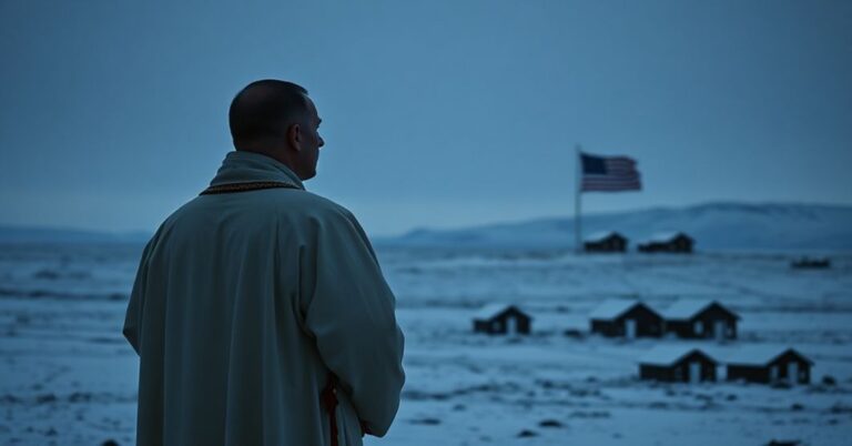 Ksiądz w tradycyjnym stroju liturgicznym stoi przed artycznym krajobrazem Grenlandii, symbolizując konflikt między ambicjami politycznymi a boskim porządkiem.