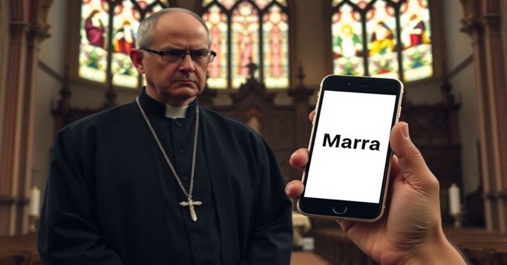 Ksiądz w tradycyjnym sutannie stojący przed starym kościołem z witrażami, patrzący z niepokojem na telefon z napisem 'Maria' i logo korporacyjnym