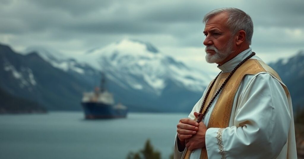 Tradycyjny ksiądz katolicki modli się nad widokiem technokratycznego kabla telekomunikacyjnego w Kanadzie.