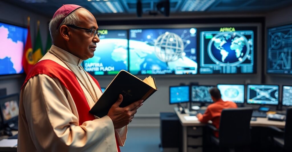 Ksiądz w tradycyjnych szatach kościelnych stoi przed nowoczesnym centrum kontroli afrykańskiej agencji kosmicznej, trzymając Biblię i patrzący na wyświetlacz satelitarny. Scena kontrastuje święte z sekularnym.