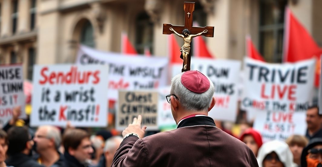 Ksiądz w tradycyjnym habitacie trzyma krzyż przed tłumem protestującym, symbolizując władzę Chrystusa Króla