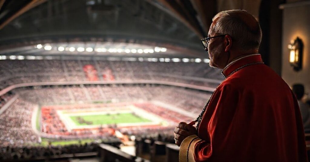 Ksiądz w tradycyjnym stroju liturgicznym patrzy z troską na nowoczesny stadion olimpijski, symbolizując duchową pustkę współczesnego sportu.