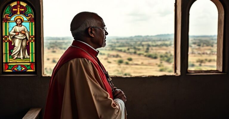 Portret poważnego katolickiego księdza w tradycyjnych ornatach stojącego w skromnej kaplicy z witrażami przedstawiającymi Chrystusa Króla. Przytrzymuje krucyfiks i patrzy w dal na krajobraz Nigrii jako symbol walki duchowej i powoływania do ewangelizacji.
