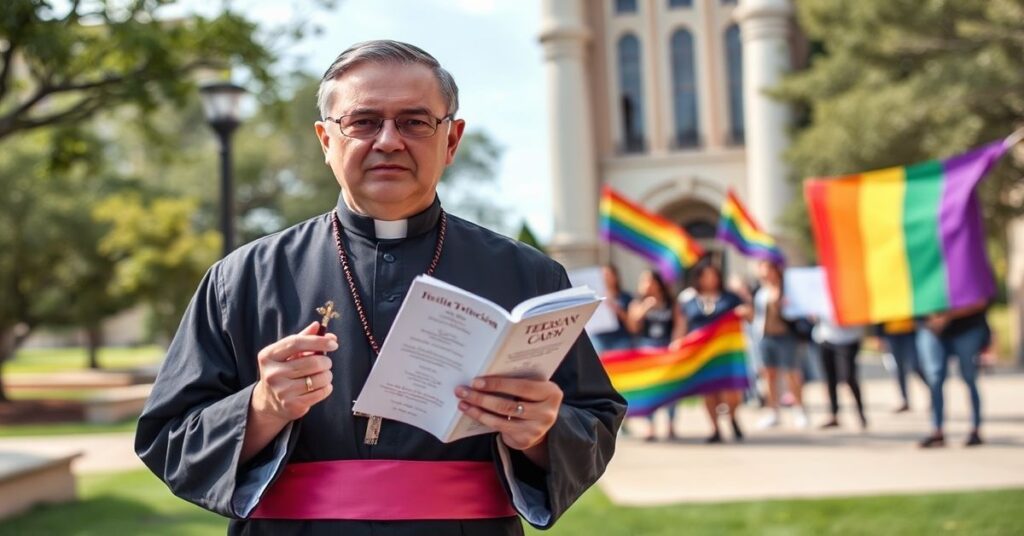 Ksiądz katolicki trzyma różaniec i Katechizm przed budynkiem Uniwersytetu Texas Tech