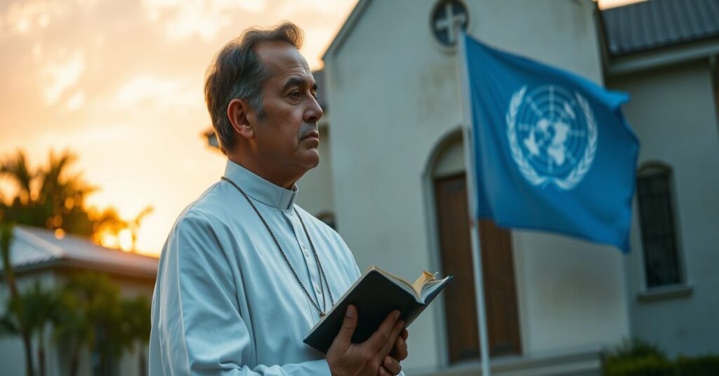 Katolicki ksiądz w tradycyjnych szatach kościelnych stojący przed kościołem z Biblią w ręku, obok budynku ONZ z flagą Organizacji Narodów Zjednoczonych