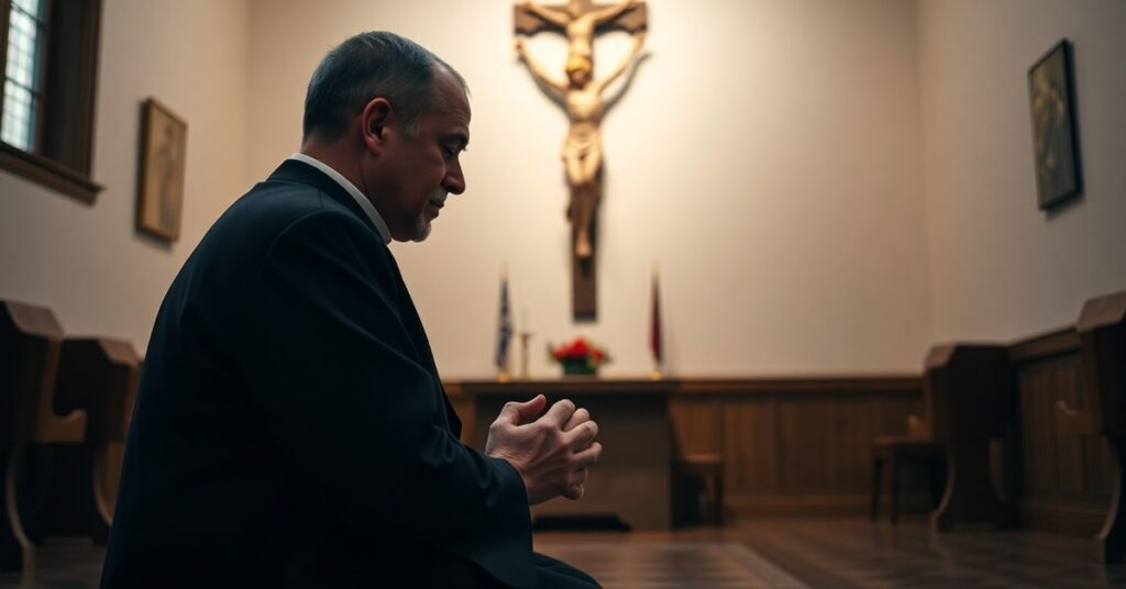 Kołysząc się w ciemności: tradycyjny ksiądz katolicki modli się przed krzyżem w kaplicy, symbolizując moralny upadek mediów i establishmentu politycznego w aferze ze szkołami rezydencjalnymi w Kamloops.