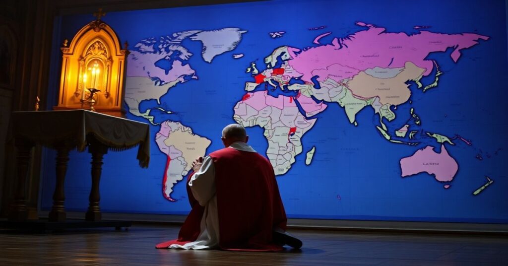 Kneeling Catholic priest in traditional vestments praying before the tabernacle with a world map of war zones in the background.
