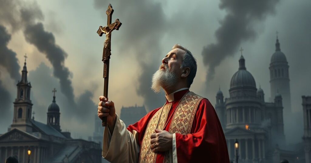 Ksiądz w tradycyjnym habitcie modli się przed rujnami miasta ze zniszczoną infrastrukturą