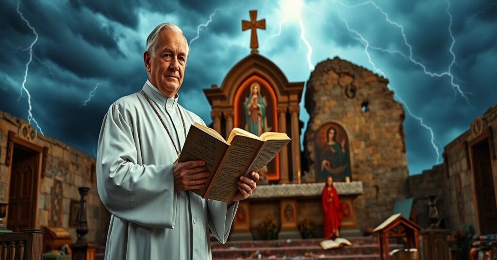 Katolicki ksiądz modli się w starodawnej kaplicy przed burzliwym niebem, rozmyślając nad błędami fatimskimi i kryzysem wiary.