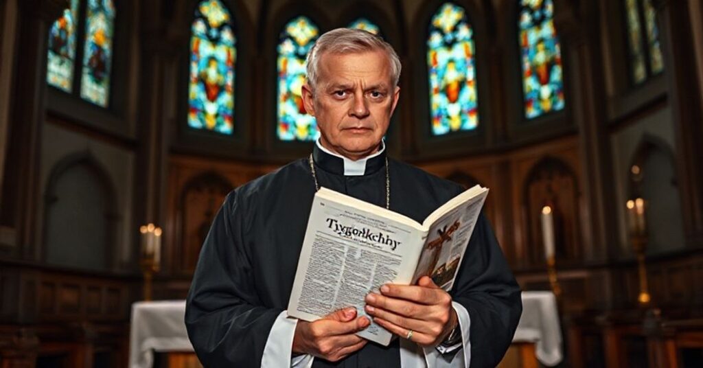 Ksiądz w tradycyjnym habitcie w kościele wyobraża głęboki żal z powodu modernistycznych deformacji w Tygodniku Powszechnym.