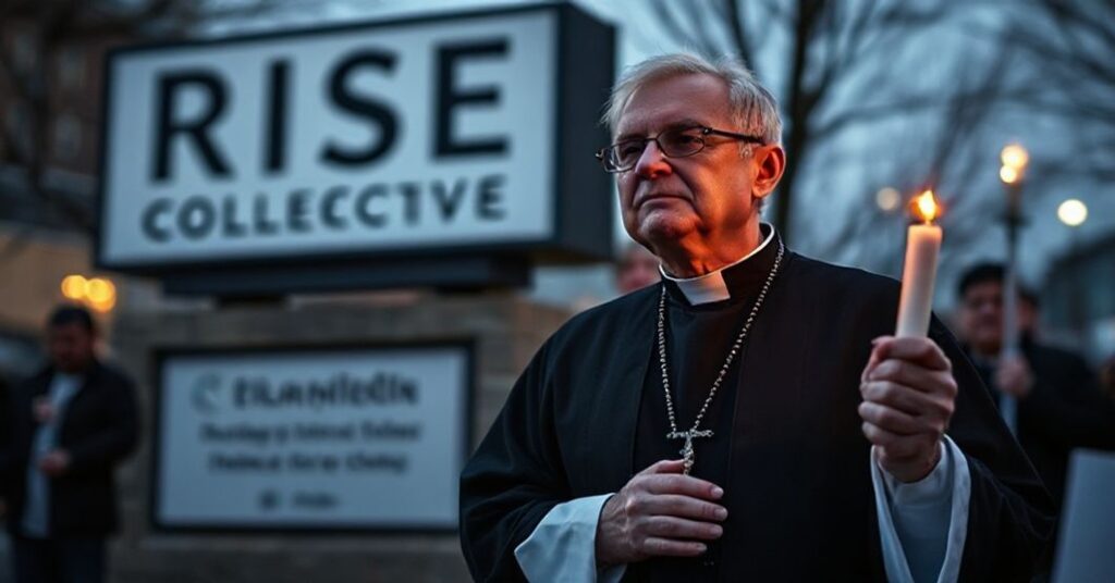 Ksiądz w tradycyjnych szatach stojący w modlitwie przed kliniką aborcyjną w Boulder, Kolorado.