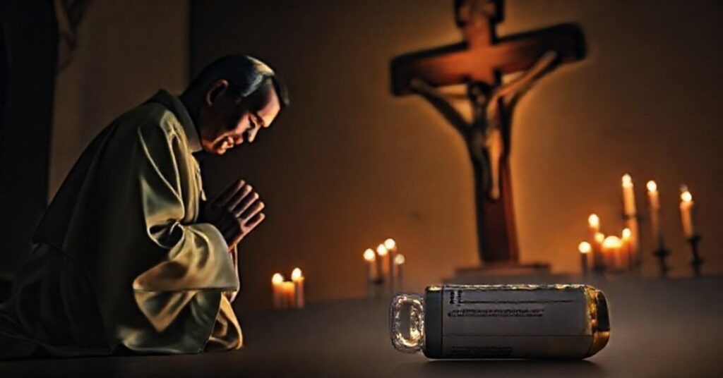 Ksiądz w tradycyjnych szatach modli się przed krzyżem ze światłem świec w tle, podczas gdy symboliczny cień przedstawia zbrodnię aborcji z butelką leku poronnego na ziemi.