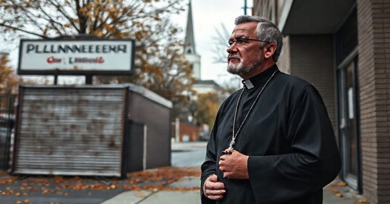 Ksiądz katolicki podczas modlitwy przed zamkniętym szpitalem Planned Parenthood