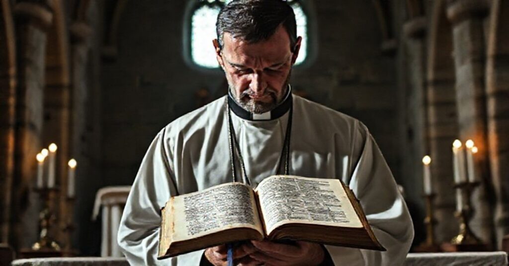 Tradycyjny katolicki ksiądz modli się w ciemnej kościelnej kaplicy przy ołtarzu