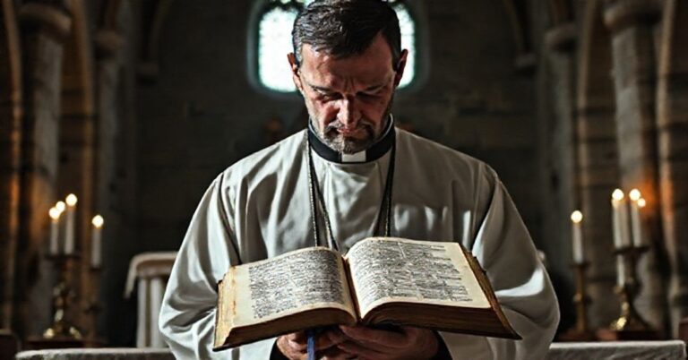 Tradycyjny katolicki ksiądz modli się w ciemnej kościelnej kaplicy przy ołtarzu