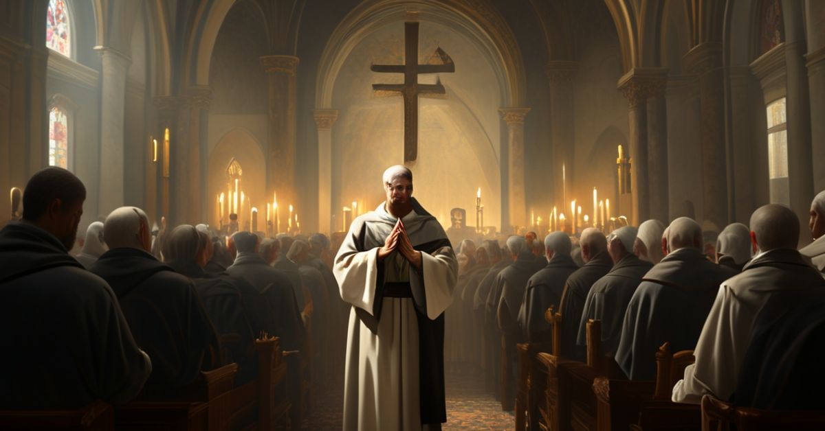 Tradycyjny ksiądz modli się w kościele przed krzyżem, otoczony wiernymi w obecności skrzywdzonych przez wykorzystanie seksualne w Kościele.