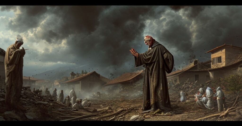 Ksiądz w targanej sutannie modli się w ruinach włoskiej wioski zniszczonej przez burze, otoczony pokutującymi mieszkańcami.