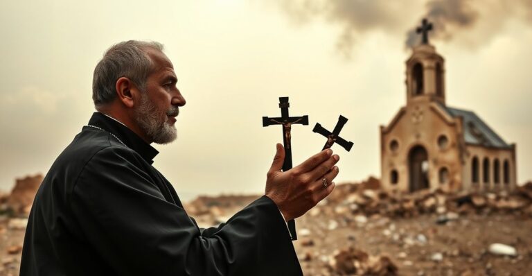 Kneeling Catholic priest praying in the war-torn Gaza Strip, symbolizing hope and intercession for the victims of conflict, with a half-destroyed church in the background.