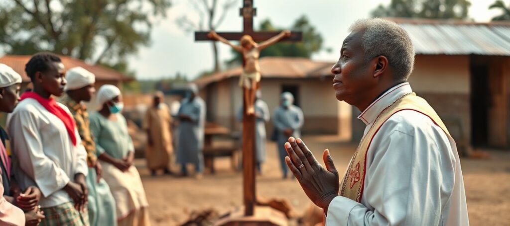 Ksiądz w tradycyjnym stroju liturgicznym modli się przed krzyżem w wiosce w Demokratycznej Republice Konga podczas epidemii Ebola.