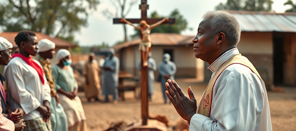 Modlitwa i nadzieja w czasie epidemii Ebola w DR Konga Ksiądz w tradycyjnym stroju liturgicznym modli się przed krzyżem w wiosce w Demokratycznej Republice Konga podczas epidemii Ebola.