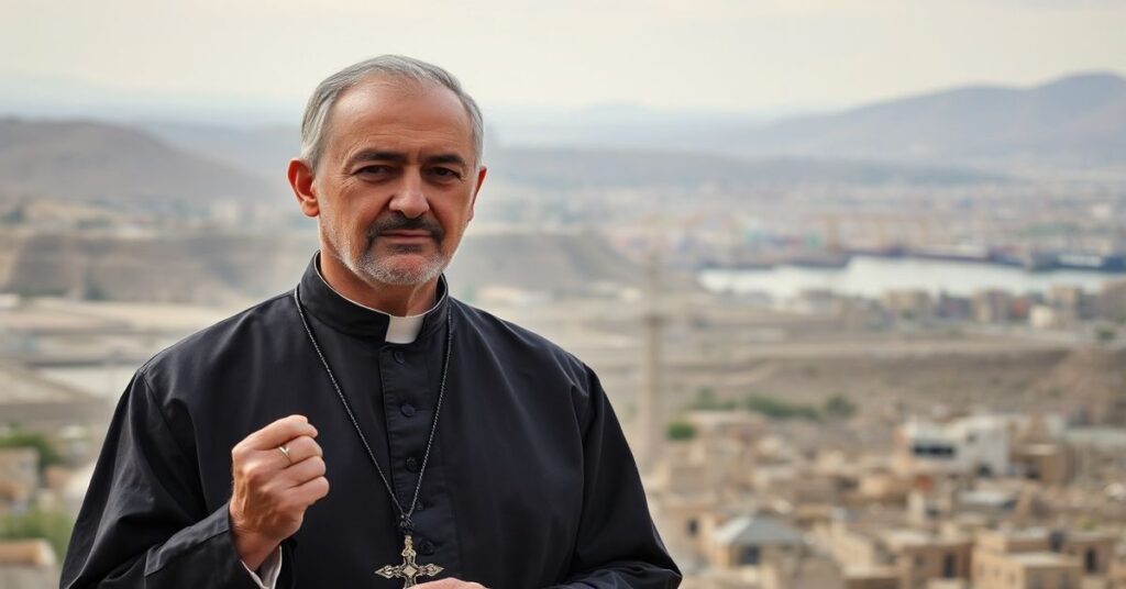 Ksiądz w tradycyjnym ornaty stoi przed zniszczonym krajobrazem na Bliskim Wschodzie z widokiem zablokowanych portów Iranu.