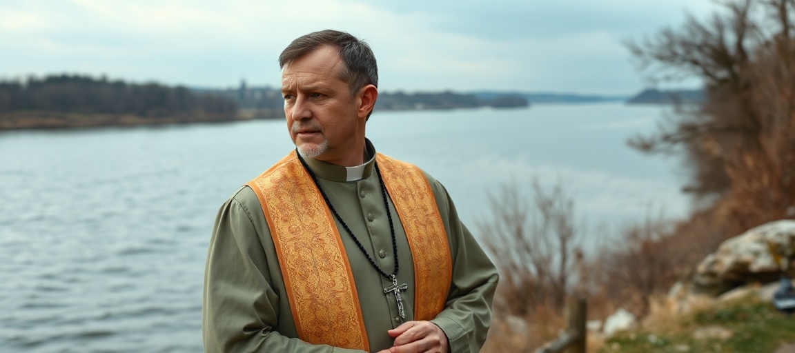 Ksiądz modląc się nad rzeką Narwą - duchowy wymiar konfliktów granicznych Ksiądz w tradycyjnych szatach kościelnych stoi nad brzegiem rzeki Narwy, trzymając różaniec, z troskliwym wyrazem twarzy zwracającym się ku wodom granicznej rzeki między Estonią a Rosją.