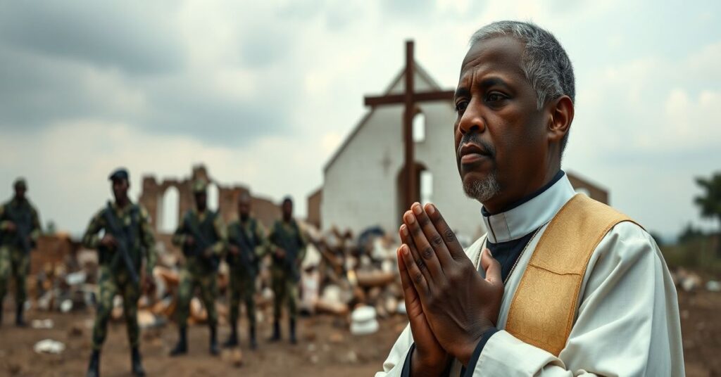 Ksiądz katolicki modli się przed zniszczonym kościołem w Nigerii z amerykańskimi żołnierzami w tle.