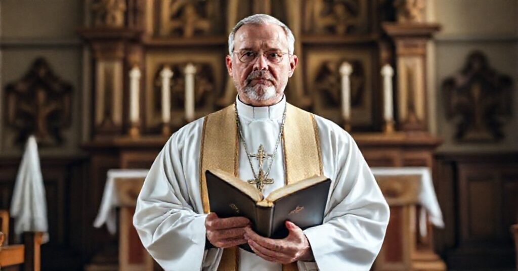 Ksiądz katolicki stojący przed ołtarzem z Biblią, symbolizujący obronę małżeństwa sakramentalnego