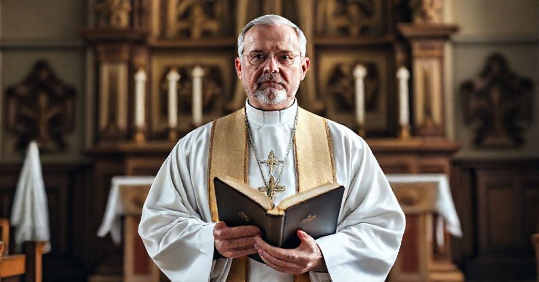 Ksiądz katolicki stojący przed ołtarzem z Biblią, symbolizujący obronę małżeństwa sakramentalnego