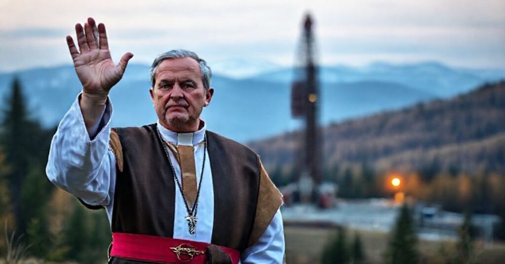Katolicki ksiądz w tradycyjnych szatach liturgicznych stoi przed urządzeniem geotermicznym w Bańskiej Niżnej koło Zakopanego.