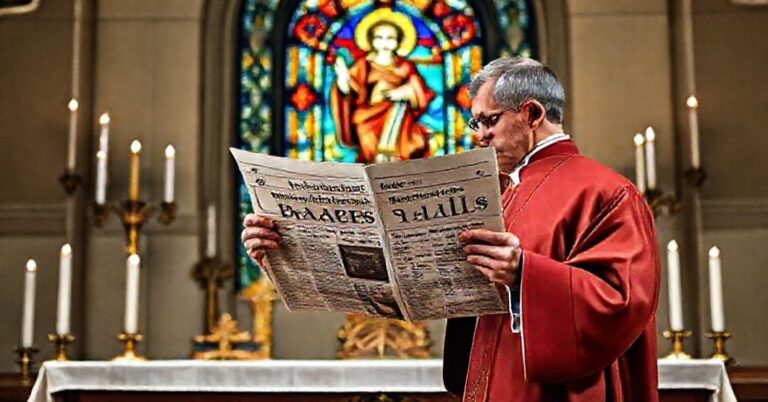 Katolicki ksiądz w tradycyjnych szatach liturgicznych stoi przed ołtarzem z zapalonymi świecami, trzymając krzyż. W tle witraż przedstawiający Chrystusa Króla.